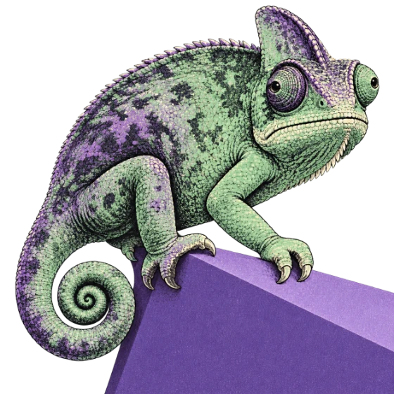 The chameleon gripping a violet edge, body still almost entirely green.