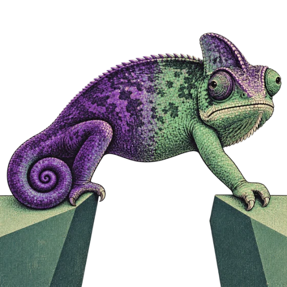 The chameleon stretched between two slabs, body split hard down the middle.
