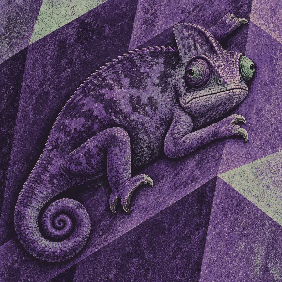 A violet chameleon pressed flat against a violet geometric plane, almost invisible — only its green far eye breaks the camouflage.