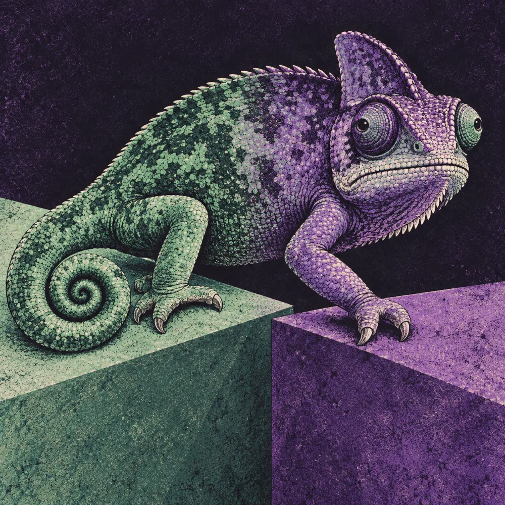 A chameleon mid-stride between two slabs — its hind half green on the green slab, its front half violet on the violet one.