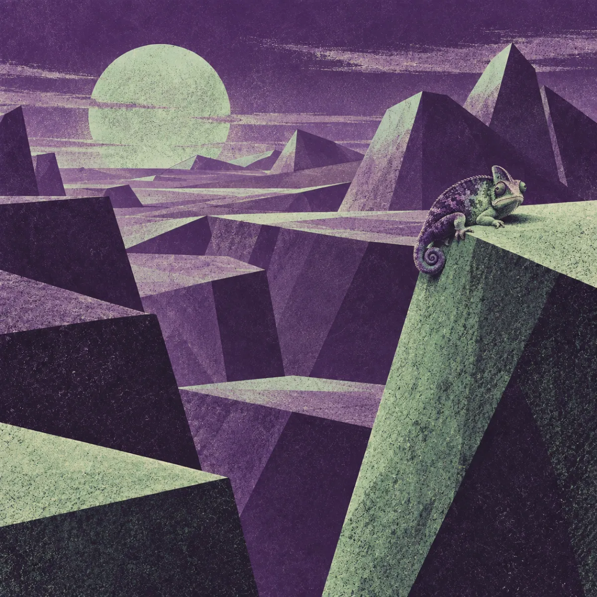 A wide violet landscape of hard geometric shapes under a pale green sun, the chameleon small on a far ledge.
